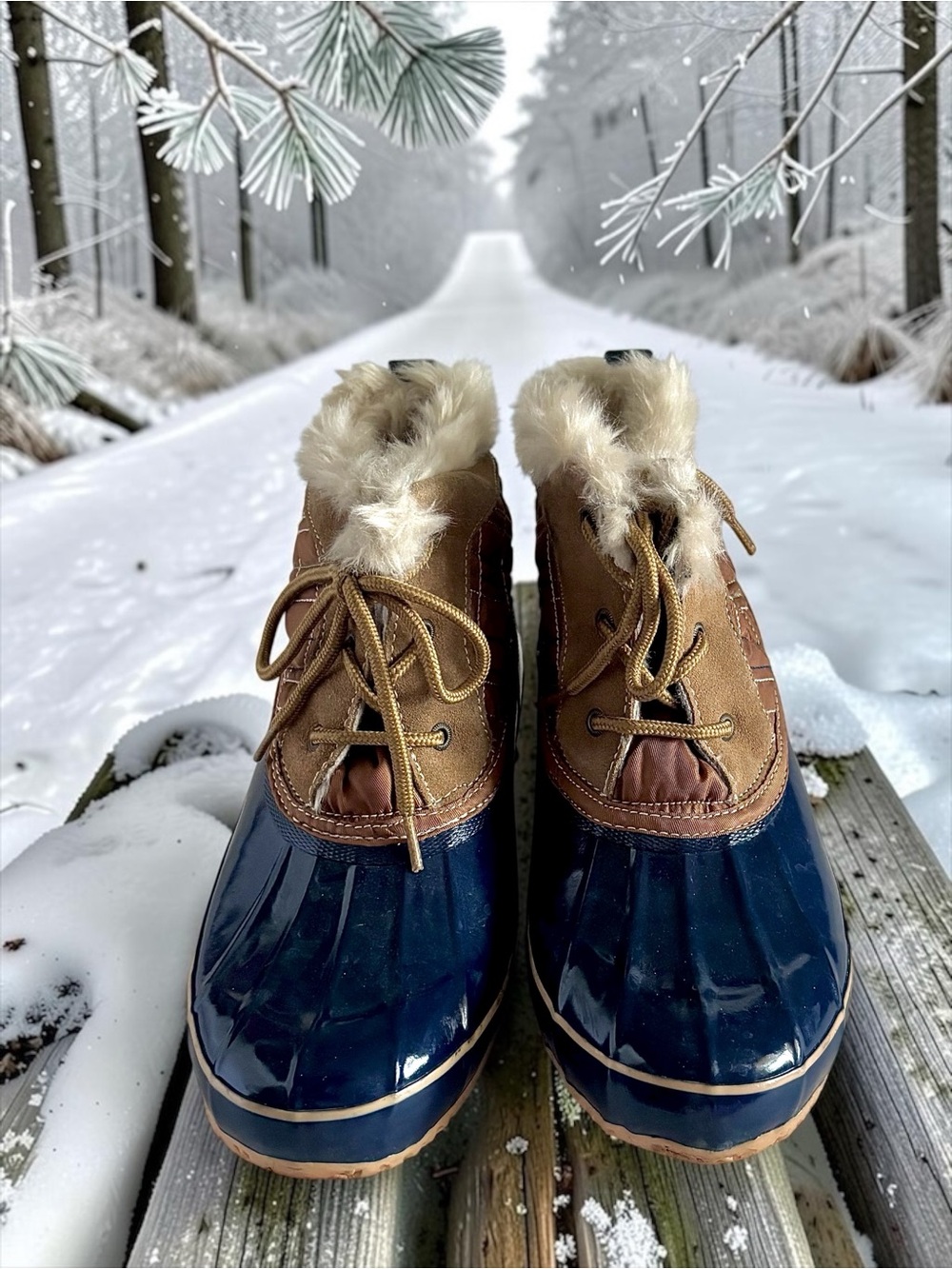 Khombu Navy & Tan Winter Boots Faux Fur Trim Women’s Size 8